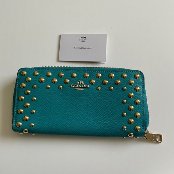 Coach Handbags - Coach Studded Accordion Zip Wallet Cadet Blue Crossgrain Leather Gold Hardware